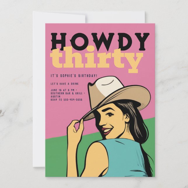 Howdy 30 Western Retro Rosa Grönt 30års födelsedag Inbjudningar (Framsida)