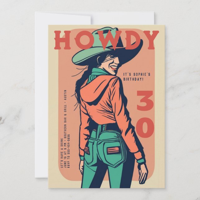 Howdy 30 Western Retro Rosa Poster 30års födelseda Inbjudningar (Framsida)