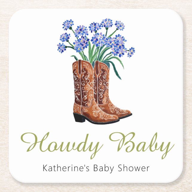 Howdy Baby Bluebonnets Cowboybabyskor Underlägg Papper Kvadrat (Framsidan)