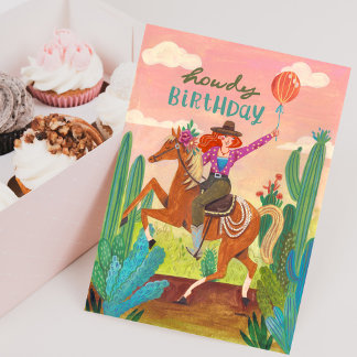 Howdy Birthday Cowgirl Horse Western Desert Card Kort