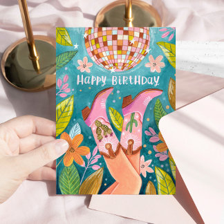 Howdy Birthday Pink Cowgirl Boots Disco Party Card Kort