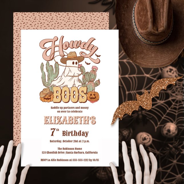 Howdy Boos Ghost Halloween Födelsedagsfest Inbjudningar ("Howdy Boos" Halloween western-themed girl's birthday party design)