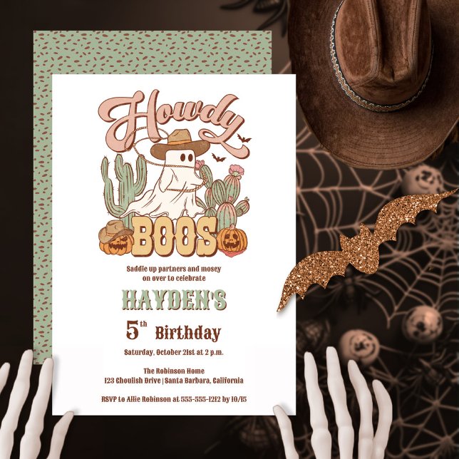 Howdy Boos Ghost Halloween Födelsedagsfest Inbjudningar ("Howdy Boos" Halloween western-themed gender-neutral birthday party design)