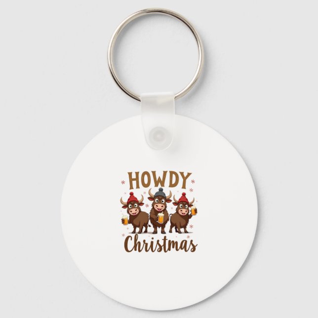 Howdy Christmas Funny Highland Cow Xmas Cows Lover Nyckelring (Framsida)
