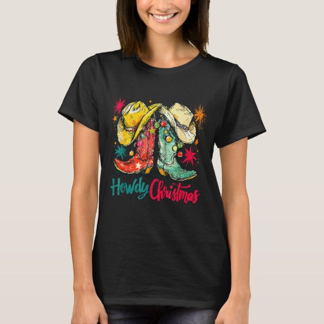 Howdy Christmas Xmas Cowboy Boots Western Pajamas  T Shirt (Framsida)