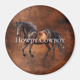 Howdy Cowboy Horse Faux Brown Leather Magnet