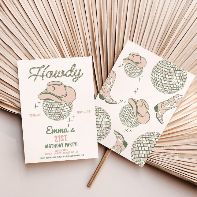 Howdy Disco Födelsedagsfest Inbjudan (howdy disco birthday invite, western disco party invite, neutral rodeo birthday theme, cowgirl birth)
