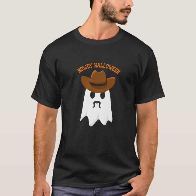 Howdy Halloween Ghost med Cowboy Hat och Handleba T Shirt (Framsida)