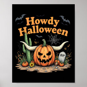 Howdy Halloween Pumpkin Skull Desert Western Scene Poster