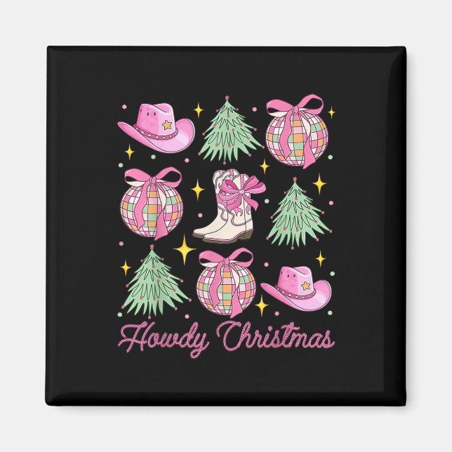 Howdy Jul Rosa Coquette Bow Julafton Träd Wester Magnet (Framsidan)