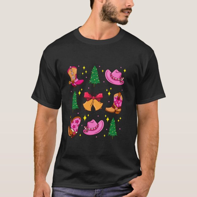 Howdy Jul Rosa Coquette Bow Julafton Träd Wester T Shirt (Framsida)