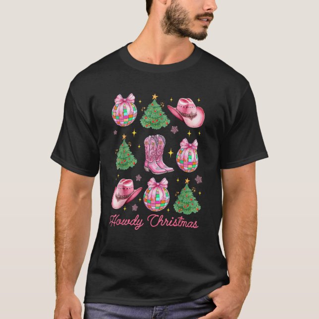 Howdy Jul Rosa Coquette Bow Julafton Träd Wester T Shirt (Framsida)