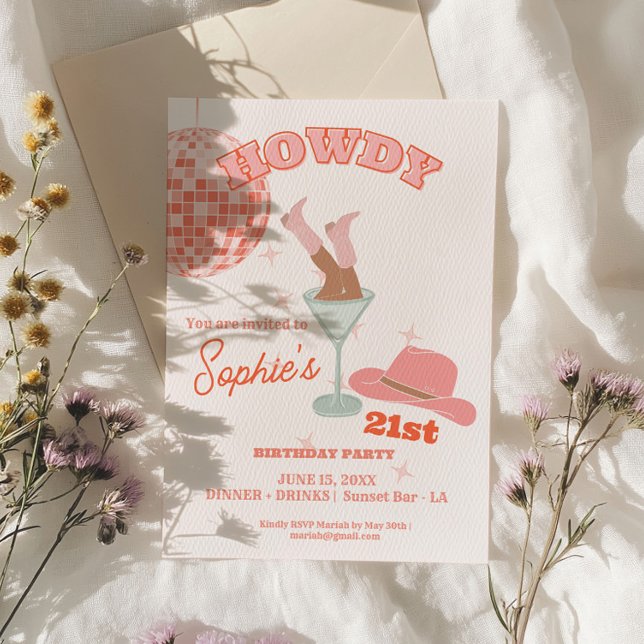 Howdy Martini 21:a födelsedagen Cowgirl Inbjudningar (Howdy Martini 21st Birthday Cowgirl Invitation)