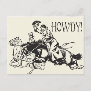 Howdy med Vintage Teckning på Cowtjejer på hästar Vykort