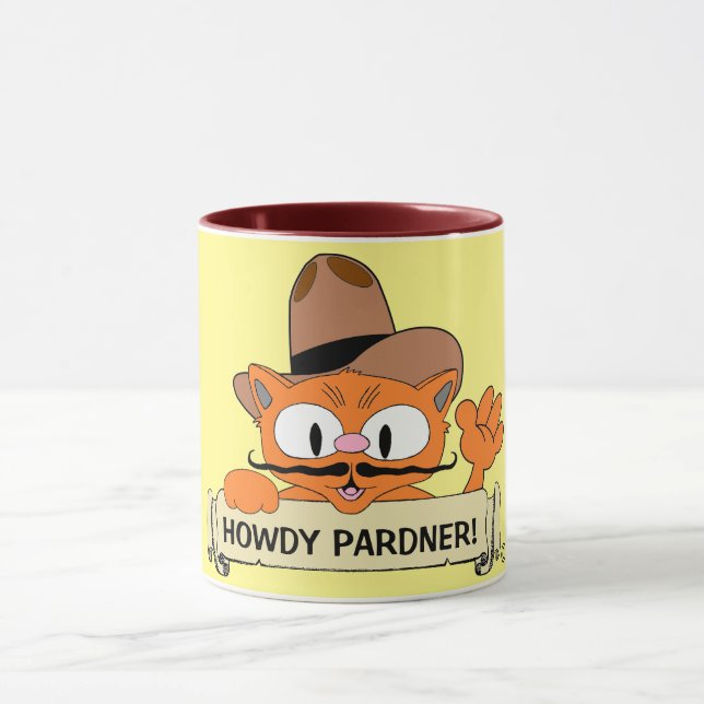 "HOWDY PARDNER!" Tecknad Cowboy Mustasch Katt Roli Mugg (Center)