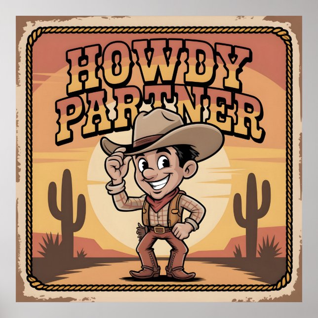 "Howdy Partner" Retro Cowboy Solnedgångsillustrati Poster (Framsidan)