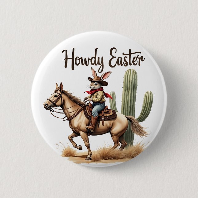 Howdy Påskhare Riding a Horse Cowboy Knapp (Framsida)