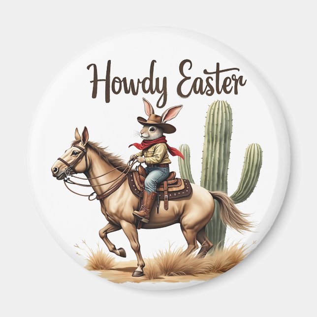 Howdy Påskhare Riding a Horse Cowboy Magnet (Framsidan)
