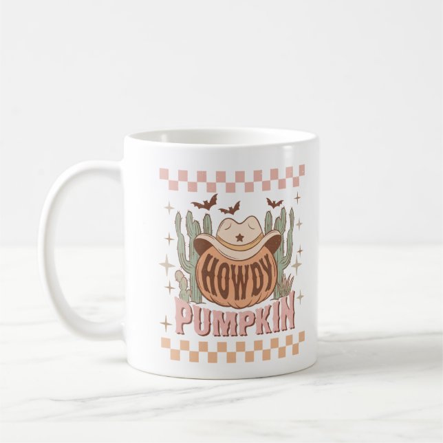 Howdy Pumpkin Halloween Retro Western Cowgirl Kaffemugg (Vänster)