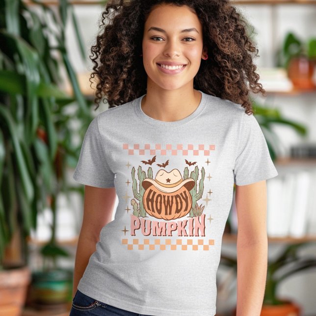 Howdy Pumpkin Halloween Retro Western Rosa Orange T Shirt (Howdy Pumpkin Halloween Retro Western Pink Orange T-Shirt)