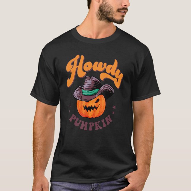 Howdy Pumpkin Retro Halloween Westernare Land Fall T Shirt (Framsida)