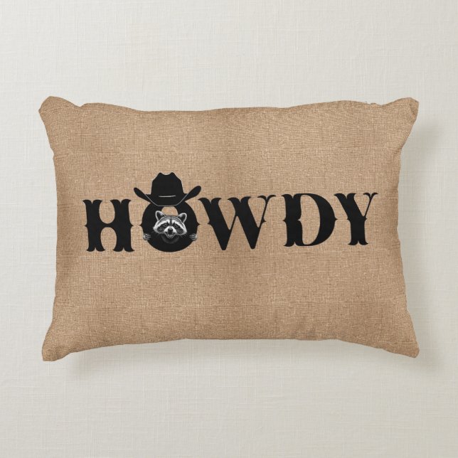 Howdy Raccoon Cowboy Hat Rustic Prydnadskudde (Framsidan)
