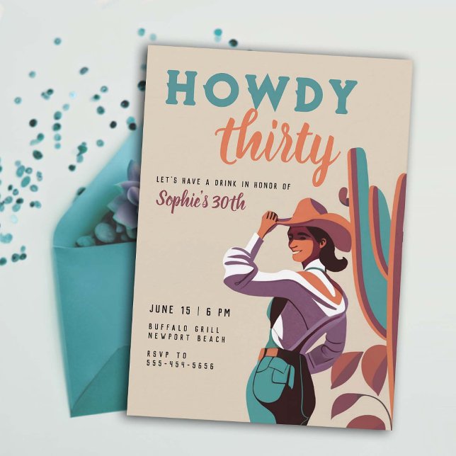 Howdy trettio Retro Land Westernare 30års födelsed Inbjudningar (30 birthday invitation for women retro country western desert cactus southwestern howdy thirty)