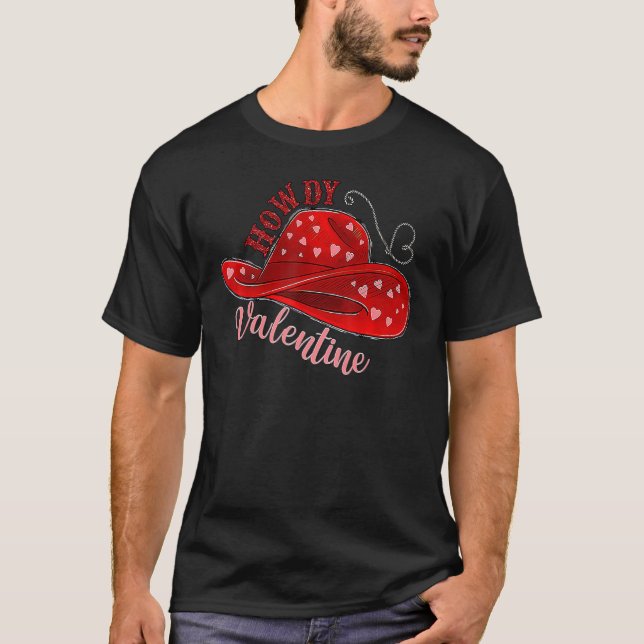 Howdy Valentine Xoxo Western Cow Hat Valentine D T Shirt (Framsida)