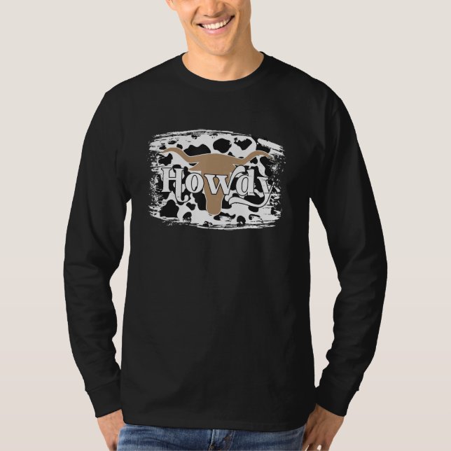 Howdy Western Cowhide Leopard Bull Skull Texas Cow T Shirt (Framsida)