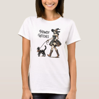 Howdy Witches Cat Halloween Funny Retro T Shirt