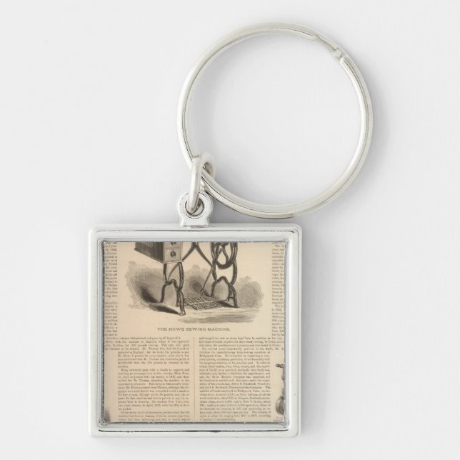 Howe Sewing Maching with Sketch of the Inventor Fyrkantig Silverfärgad Nyckelring (Framsidan)