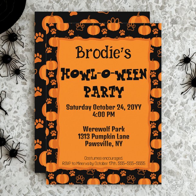 Howl-O-Ween Hundfest Halloween Inbjudan (Plan a Howl-O-Ween party for your pup with this cute pumpkins and paws dog Halloween party invite)