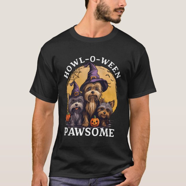 Howl O Ween Pawsome Yorkshire Terrier Witch Hat Pu T Shirt (Framsida)