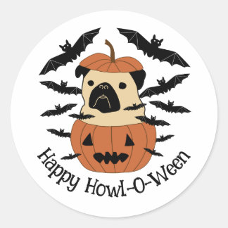 Howl-O-Ween Pug i Jack-O-Lantern med Fladdermus Runt Klistermärke