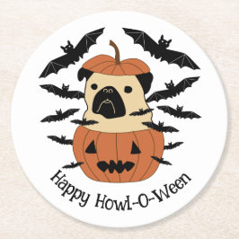 Howl-O-Ween Pug i Jack-O-Lantern med Fladdermus Underlägg Papper Rund