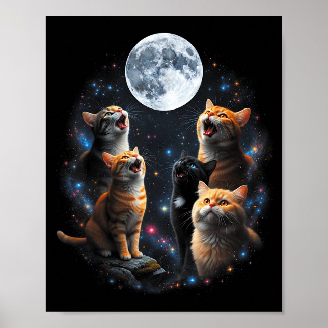 Howling Cats Full Moon Starry Sky Galaxy Cosmic An Poster (Framsidan)