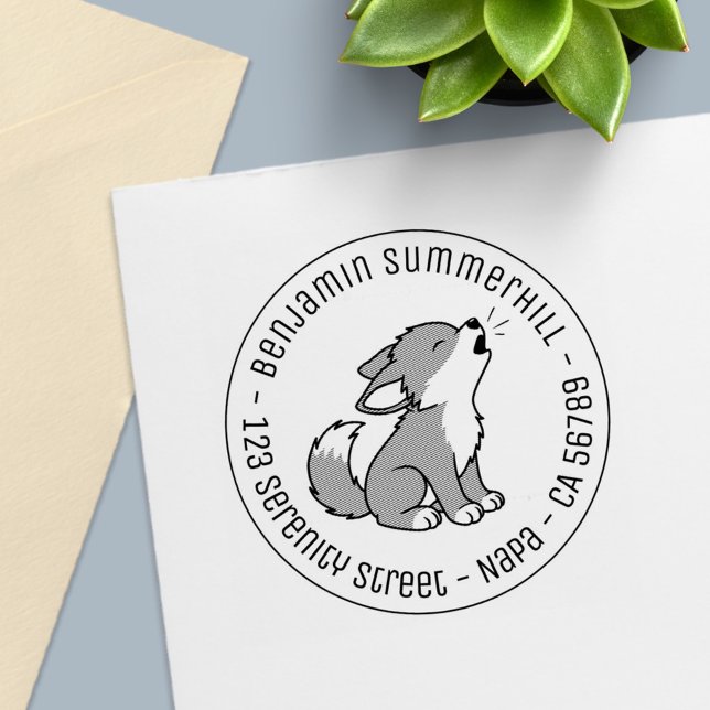 Howling Grått Varg Valp Round Adress Självfärgande Stämpel (Skapare uppladdad)