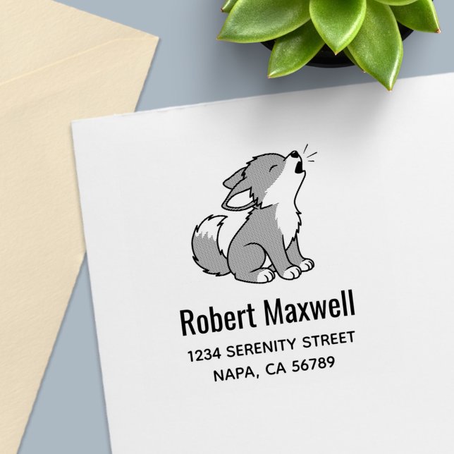 Howling Gray Wolf Pup Address Självfärgande Stämpel (Skapare uppladdad)