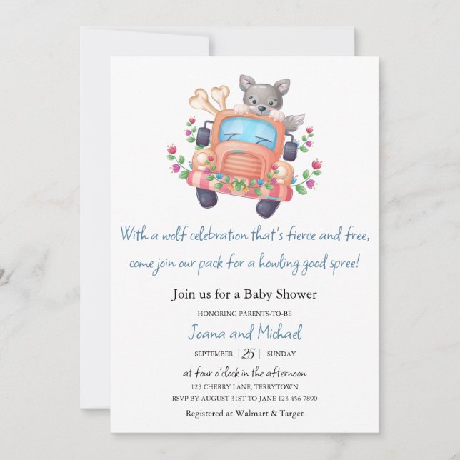 Howling med Joy Cute Varg Boy Shower Invita Inbjudningar (Framsida)