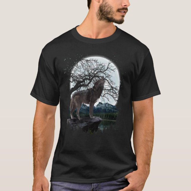 Howling Predator Animal Forest Full Moon Varg T Shirt (Framsida)