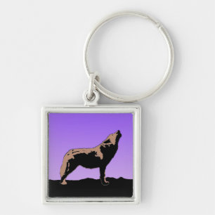 Howling Varg at Sunset - Original Wildlife Art Fyrkantig Silverfärgad Nyckelring