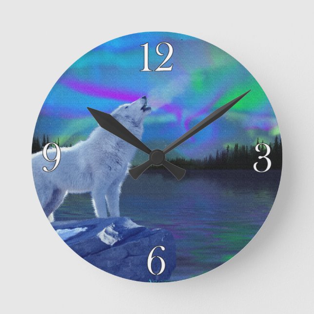 Howling Varg & Aurora Wildlife Art Clock Rund Klocka (Framsida)