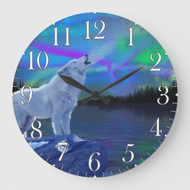 Howling Varg & Aurora Wildlife Art Clock Stor Klocka (Framsida)