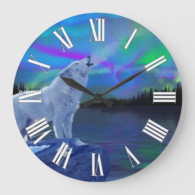 Howling Varg & Aurora Wildlife Art Clock Stor Klocka (Framsida)