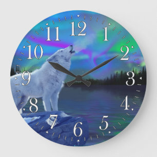 Howling Varg & Aurora Wildlife Art Clock Stor Klocka