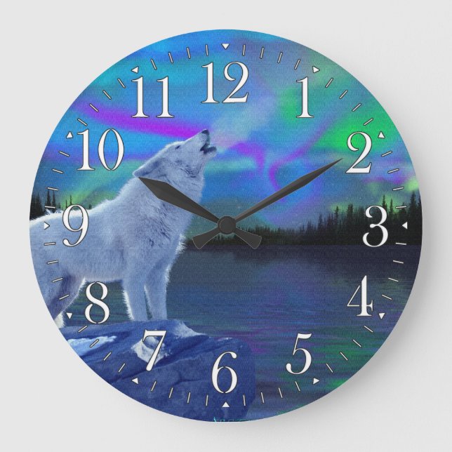 Howling Varg & Aurora Wildlife Art Clock Stor Klocka (Framsida)