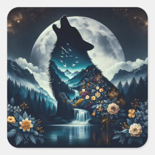 Howling Varg Full Moon Ai Art Fyrkantigt Klistermärke