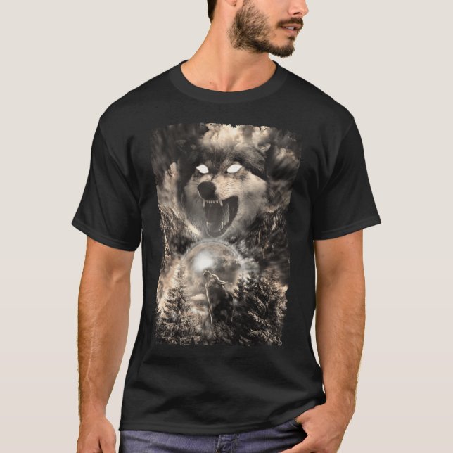 Howling Varg Måne Forest Animal Mountains T Shirt (Framsida)