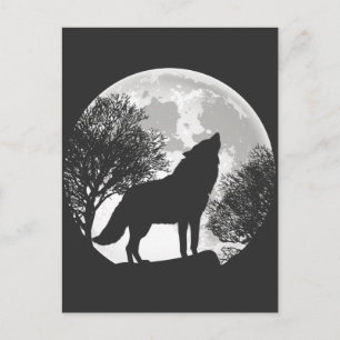 Howling Varg Måne Silhouette Illustration Vykort