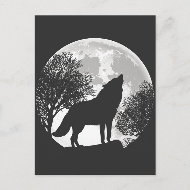 Howling Varg Måne Silhouette Illustration Vykort (Framsida)